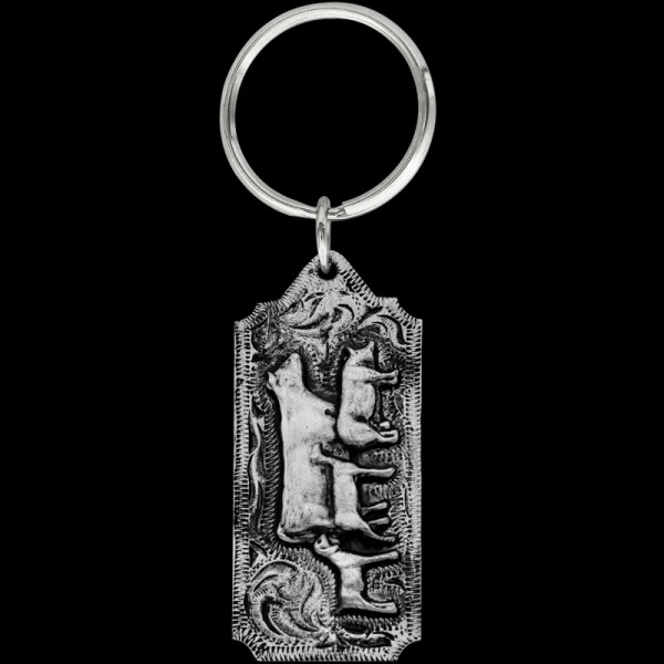 Rectangle Livestock, It doesn’t get much better than the stock show.  Our rectangle livestock keychain includes beautiful, engraved scrolls, a 3D multi-animal figure